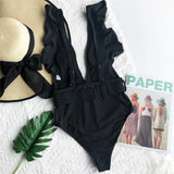 New Sexy Ruffled White Deep V One Piece Swimsuit Women Swimwear Female With Belt Monokini Bather Bathing Suit Swim Lady V2198