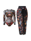 S - XXL Printed Long Sleeve With Sarong One Piece Swimsuit Women Swimwear Female Flowers Padded Bather Bathing Suit Swim K7181