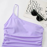 2026 Sexy One Shoulder One Piece Swimsuit 2022 Women Solid Black Neon Green Push Up Padded Bathing Suit Pleate Swimwear Monokini