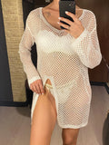 V Neck Long Sleeve Hollow Out Crochet Knitted Tunic Beach Dress Beach Wear Beachwear Beach Cover Up Cover-upsFemale Women V6335