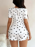 Women 2 Pieces Pajamas Set Heart Printed Short Sleeve T-shirts and Shorts Sets Casual Home Wear Loungewear Summer Sleepwear