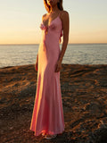 Women Cami Dress Solid Color Sleeveless Tie-Up Front Sleeveless Backless Dress Long Dress Summer Casual Spaghetti Strap Dress