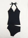 2026 Halter Tankini Set 2 Pieces Solid Swimwear Female Black Swimsuit Women Bathers Bathing Swimming Swim Suit Beachwear