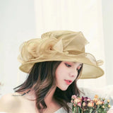 Women Organza Hat 3D Flower Wide Brim Top Hat French Sun Caps for Church Tea Party Wedding