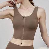 Women Sports Vest Sleeveless Round Neck Zipper Closure Fitness Bra Seamless Fabric Front Zipper Removable Chest Pad Underwear