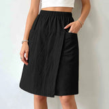 Women's Textured Wrap Skirt Shorts Solid Color Elastic Waist Midi Skort With Pocket Casual Loose Fit Layered A Line Summer Short