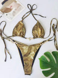 Snake Skin Rhinestone Diamond Bikini Female Swimsuit Women Swimwear Two-pieces Bikini Set High Cut Halter Bathing Suit Swim Lady