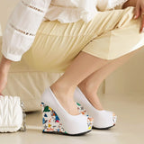 2026 New Big Size 33-43 Summer White Bohemian Graffiti Platform Pumps Slip On Black Red Chunky High Heels Wedges Shoes Women