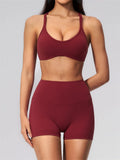 2 Piece Summer Yoga Sets for Women Hollow Back Cross Sports Bra Fitness Clothes Tight High Waist Shorts Running Workout Clothes