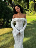 Off Shoulder White Lace Party Dress Flare Sleeve Bowknot Party Maxi Dress Sexy Elegant Summer Bodycon Vestidos Embroidery Robe