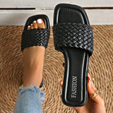 Classic Plus Size Woven Slippers for Women Summer Square Toe Low Heel Slides Sandals Woman Outdoor Pu Leather Beach Flip Flops