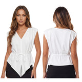 Fashion Women Sleeveless Blouse Waist Tie-ups V Neck Loose Fit Irregular Tops Club Party Street Shirts Summer Solid Color
