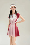 New Sports One-piece Fashionable Swimsuit for Women, Color Blocked High Waist, Belly Covering, Slimming Skirt, Vacation Swimsuit