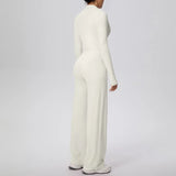 2 Pcs Women's Seamless Yoga Set Long-sleeved Wide-leg Pants Tracksuit Fitness Sports Set High-waisted Hip-lifting Slim-fit Suit