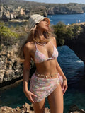 DEKA 3 Piece Brazil Triangle Bikini Set Vintage Pink Floral Embroidery Cover Up Women Halter Push Up Thong Swimsuit Bathing Suit