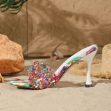 Designer Summer Open Toe Colored Rhinestones Slippers Women PVC Transparent Sexy Thin Heels Stripper Ladies Slides Shoes