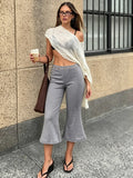 Womens Summer Cropped Pants Mid Rise Flare Trousers Stylish Casual Leg Pants with Silver Eyelet Capris
