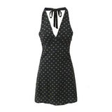 V Neck French Style Summer Women Dress Printed Boho Short Black Beach Dress Party Vintage Backless Tie Up Sexy Halter Dress 2025