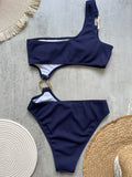 Women's One Piece Swimsuit Ring Cut Out Front High Cut Cheeky Bathing Suit Monokini Swimwear One Shoulder Ribbed Monokini