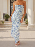 Women's Summer Sleeveless Strapless Long Dress Stylish Floral Print Sleeveless Tube Bodycon Dresses