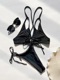 sexy black ribbed cross bikinis sets two pieces pearl tie thong swimsuit bathing suit swimwear biquini bakini tankini