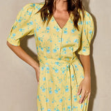 FDYOUI 2026 Summer V-neck Short Sleeve Floral Print Yellow Party Dress Women Single Breasted Lace-up Slim Long Vacation Dresses