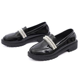 Fashion Pearls Decor Platform Loafers Women College Style Thick Heels Pu Leather Shoes Woman Plus Size 43 Student Shoes Female