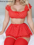 Women's Polka Dot Shoulder Revealing Puffy Skirt Set Sexy Lace Top Skirt Thongs Underwear Suits Mesh Perspective Exotic Sets