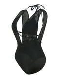S - XL Deep V Neck Knit Fishnet Mesh One Piece Swimsuit Women Swimwear Female Backless Monokini High Leg Cut Bathing Suit Swim