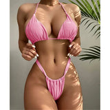 Wrinkled High Cut Mini Micro Thong Bikini Women Swimwear Female Swimsuit Two-pieces Bikini Set Halter Bather Bathing Suit Swim