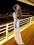 Ahagaga Elegant Lace Women Maxi Dresses Strapless Sheer Sexy Folds Solid Asymmetrical V-Neck Vestidos Robe Sheath Slim Fit Party