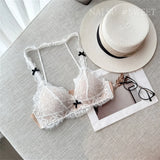 Deep V Halter Neck Bra Set French Style, Lace Push Up Bralette for Small Chest, Sexy Wireless Triangle Bra Set MOYISU Sexy Tushy