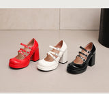 Plus Size Women Red Patent Leather Platform Mary Jane Shoes 3 Rhinestone Buckle Straps Chunky Block  Y2K Lolita Party Pumps