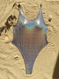 Sexy Glitter Solid Silver Backless Swimsuit One Piece Bikini Thong Swimwear Bodysuits Women Biquini Bathing Suits Tankini