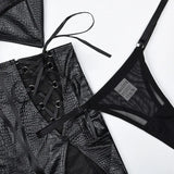 Toucheart Erotic Lingerie New High-quality Leather and Fabric Spliced mesh Sexy Strap Cross Halter Neck Sexy Hot Underwear Set