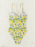 2026 New Yellow Fruit Print Bikini Suspender Backless Sexy One Piece Swimsuit High Waist Hollow Out Beach Vacation Bathing Suit