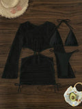 Mesh Sheer Long Sleeve Cover-Up Micro Bikini Female Swimsuit Women Swimwear Three-pieces Bikini Set Bathing Suit Swim Beach Wear