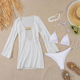 sexy white plain micro bikinis sets 3pcs with hollow out mesh long sleeve deep v-neck mini dress swimsuits bathing suit biquini