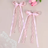 2Pcs White Lace Bow Hair Clips Flower Embroidery Long Ribbon Hairpins Sweet Floral Barrette Girls Children Headwear Accessories