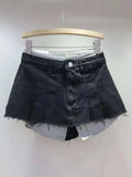 Women's Denim Skirt High Waist Pleated Patchwork Contrast Color Big Pockets Burrs A-line Mini Skirt 2026 Summer New SKIRTS 7W7E