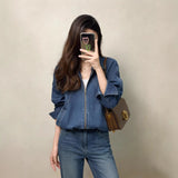 Spring denim shirt petite short denim lapel jacket