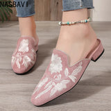 NASBAVI Fashion 3d Embroidery Mules Women Fur Slippers Velvet Shoes Ladies Low Heel Flower Decoration Sandals Women's Flip Flops