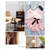 Women's Smooth Satin Pajamas V-Neck T-Shirt Ruffled Edges And Bow Shorts Simple And Breathable Pajama Set Sling Home Clothing