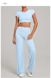 Women's Tracksuit Yoga Sets Back Hollow Out Short Sleeve Sports Shirts High Waist Straight Leg Pants Gym Running Fitness Suits