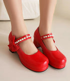 Pearl Beaded High Heels Shoes Ladies Wedding Mary Janes Block Heeled Pumps Woman Hook&Loop Tacones Wedges Escarpins Femme