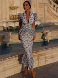 FDYOUI V-neck Short Sleeve Single Breasted Ruffles Blouse Tops+Mermaid Skirts Suits Elegant Floral Print Midi Dress 2 Piece Set