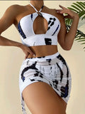 3 Pieces Thong Bikini 2026 Women Halter Swimwear Female Swimsuit With Skirt Beach Wear Printed Bathing Suit Summer Swimming