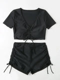 2026 Plain Drawstring Two Pieces Women Swimsuit Solid Sexy Swimwear Female Bathers Bathing Swimming Suit Summer Beachwear
