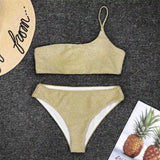 Shiny Glitter Sparkling High Waist Bikini Female Swimsuit Women Swimwear Two-pieces Bikini Set One Shoulder Bathing Suit V1264