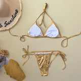 Sexy Gold Mesh Long Sleeve Cover Up Skirt 4 Piece Swimsuit 2026 Swimwear Women Summer Leather Push Up Bra Bathing Suit Swimsuit